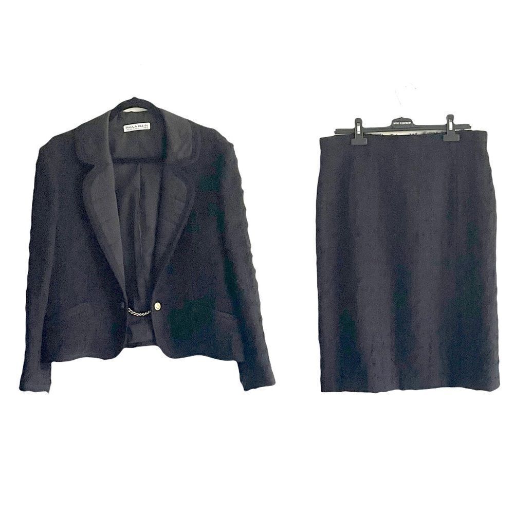 PAULA KLEIN PARIS Vintage Couture Chanel Style Wool Suite Blazer Skirt Black XL